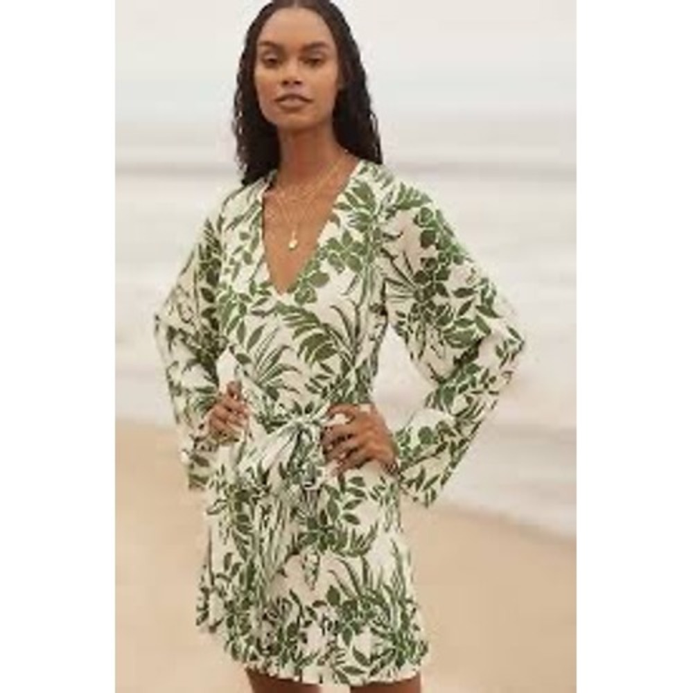 L*Space Geneva Dress Green White Tropical Floral Wrap Mini Bell Sleeve Small NEW